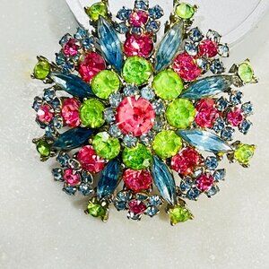 Vtg 50s Rhinestone Floral Brooch Multi-Colored Domed Pin Statement Piece Jewelry
